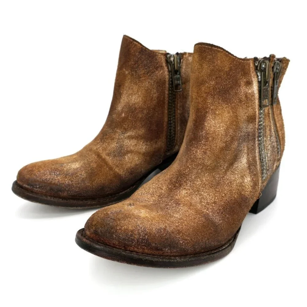 Freebird by Steven Distressed Clash Leather Boho Ankle Bootie Double Zip Women 8
